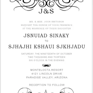 Classic black and white wedding invitation with elegant monogram initials and decorative scroll flourishes, perfect for formal and traditional weddings
