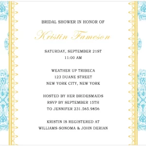 Elegant horizontal flat bridal shower invitation HPB129 showcasing a luxurious background brocade pattern alongside custom script text