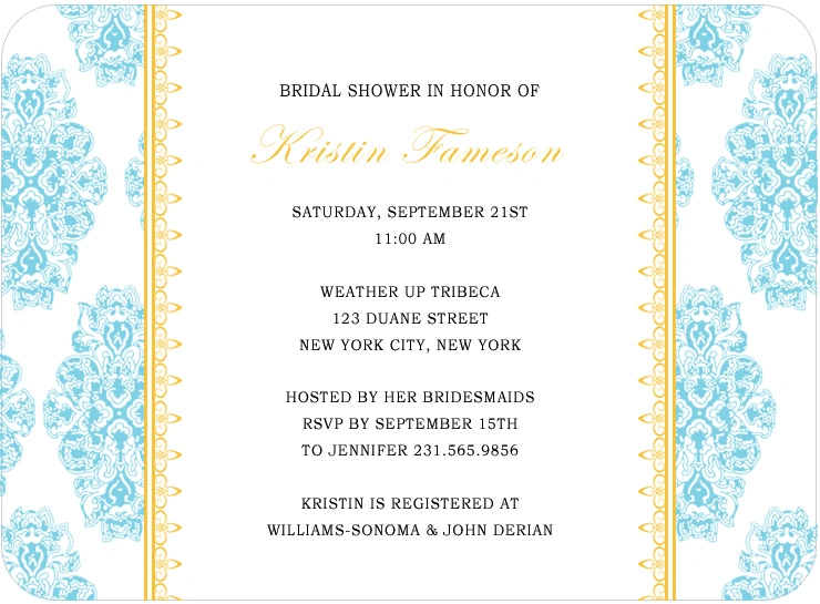 Elegant horizontal flat bridal shower invitation HPB129 showcasing a luxurious background brocade pattern alongside custom script text