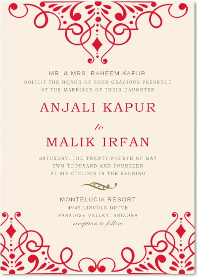 Elegant red wedding invitation with ornate floral border and classic formal layout design