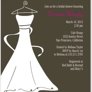 Elegant flat bridal shower invitation HPB106 showcasing an artistic render of a strapped white wedding dress alongside custom script typography
