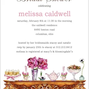 Elegant flat bridal shower invitation HPB119 displaying a charming wedding decor graphic theme alongside custom script celebration typography
