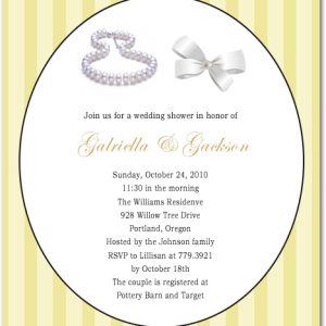 Elegant wedding shower invitation featuring a pearl necklace and silver bow illustration inside an oval frame, soft striped background, and classic typography for a timeless couples celebration
