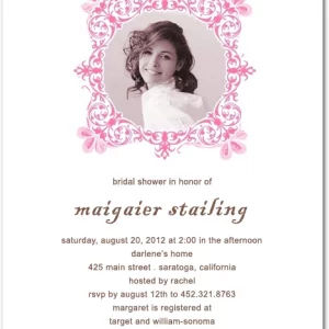 Elegant portrait flat bridal shower invitation HPB146 featuring a beautiful floral border frame for the bride's photo alongside custom script text