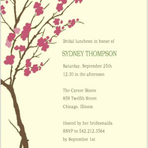 Elegant bridal luncheon invitation featuring a cherry blossom tree illustration with pink flowers, soft neutral background, and minimalist typography for a refined botanical celebration