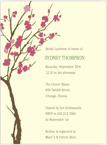 Elegant bridal luncheon invitation featuring a cherry blossom tree illustration with pink flowers, soft neutral background, and minimalist typography for a refined botanical celebration