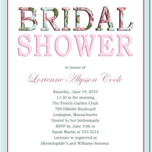 Elegant bridal shower invitation featuring floral-filled “bridal shower” typography, soft pink accents, and a clean minimalist layout, perfect for a garden or botanical themed celebration