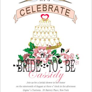 Elegant bridal shower invitation featuring a tiered wedding cake with floral decorations, birds illustration, and soft romantic typography, perfect for a vintage bride-to-be celebration