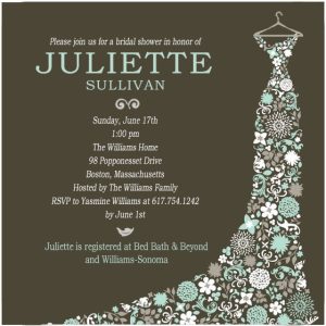 Elegant bridal shower invitation featuring a floral patterned gown illustration on a hanger, dark rustic background, soft pastel floral details, and sophisticated typography for a chic wedding celebration