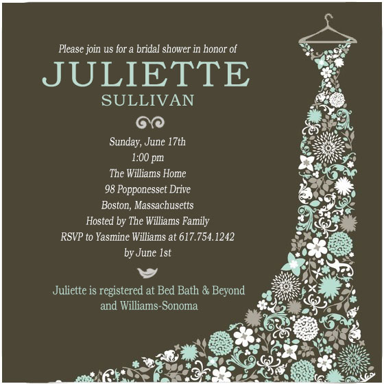 Elegant bridal shower invitation featuring a floral patterned gown illustration on a hanger, dark rustic background, soft pastel floral details, and sophisticated typography for a chic wedding celebration