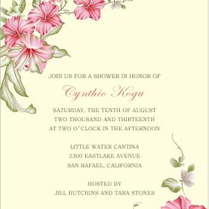 Elegant bridal shower invitation featuring pink hibiscus-style floral illustrations with soft green leaves, minimalist layout, and romantic typography for a sophisticated botanical wedding celebration