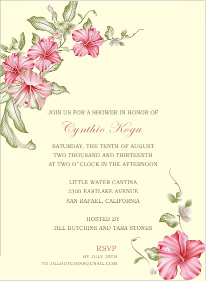 Elegant bridal shower invitation featuring pink hibiscus-style floral illustrations with soft green leaves, minimalist layout, and romantic typography for a sophisticated botanical wedding celebration