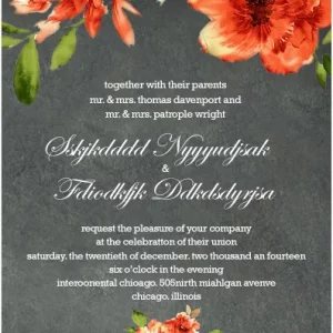Chalkboard wedding invitation with vibrant orange floral illustrations and elegant script typography, perfect for a rustic yet bold romantic wedding theme