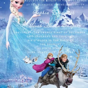 Frozen themed wedding invitation with ice princess, snow castle, winter landscape and romantic fairytale design