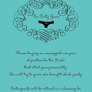 Bridal shower panty game card with elegant scroll frame and teal background, featuring a fun lingerie guessing game for bridal shower entertainment