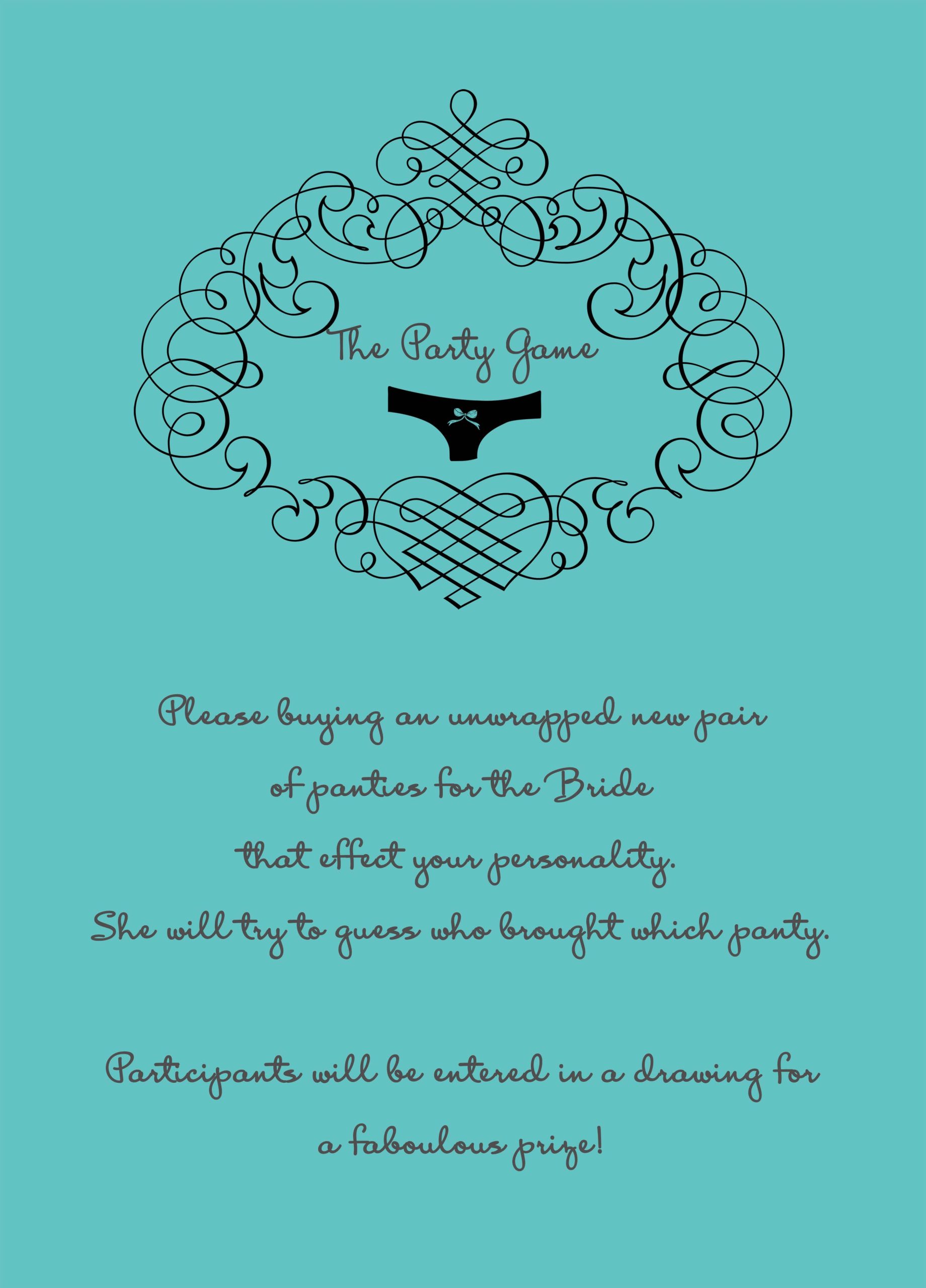 Bridal shower panty game card with elegant scroll frame and teal background, featuring a fun lingerie guessing game for bridal shower entertainment