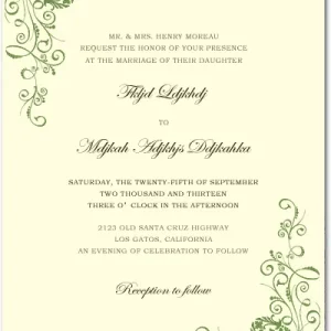 Elegant wedding invitation with green floral vine scrollwork on a soft cream background, featuring a vintage garden-inspired design with classic script typography