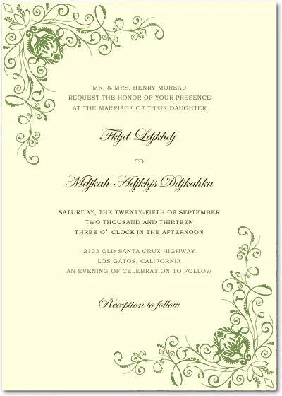 Elegant wedding invitation with green floral vine scrollwork on a soft cream background, featuring a vintage garden-inspired design with classic script typography