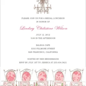 Vintage-style bridal shower invitation featuring table setting and pink chairs