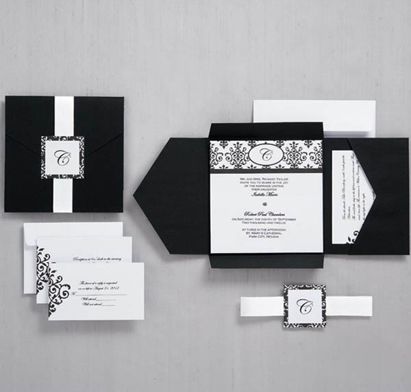 Four folded pocket wedding invitation folder HPI270 displaying an innovative four-panel interlocking fold layout next to a matching digital offset printed RSVP card