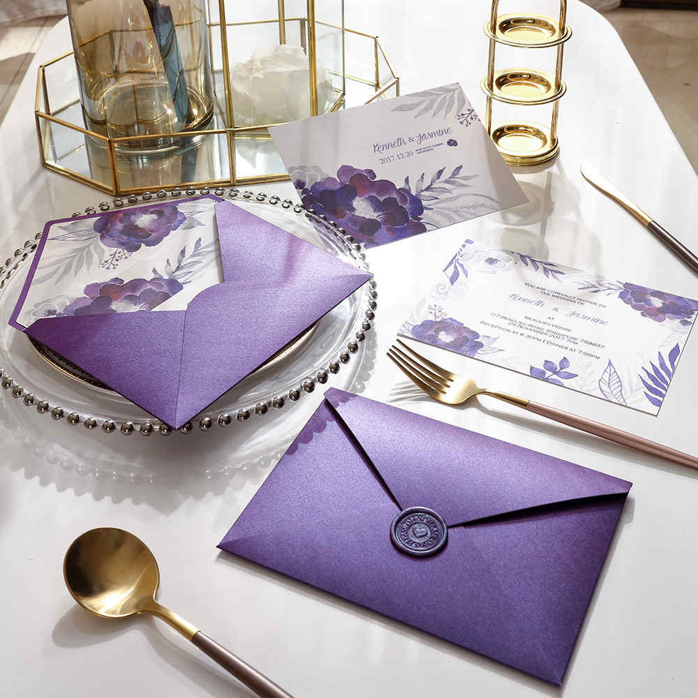 Purple pocket wedding invitation folder HPI294 displaying a thick 400g cardstock insert printed with lavender watercolor ink painting flowers alongside a purple envelope