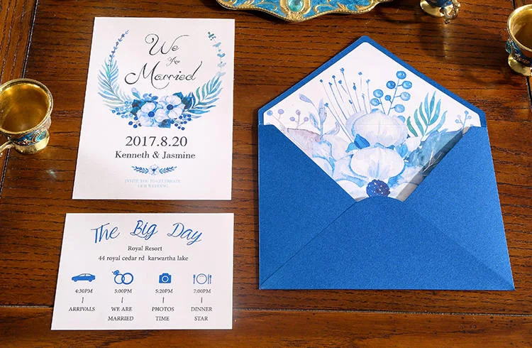 Royal blue pocket wedding invitation folder HPI296 displaying a thick 400g cardstock insert printed with sapphire watercolor flowers next to a matching envelope