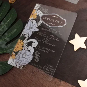 High-grade clear acrylic wedding invitation HPI302 with vibrant UV-printed hand-painted flowers and butterflies inside a transparent sleeve