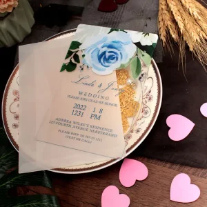 Crystal clear acrylic wedding invitation HPI305 with a large, textured UV-printed watercolor blue rose