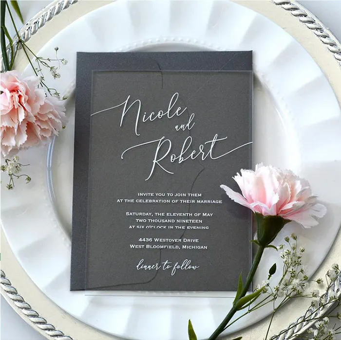 Minimalist clear typographic acrylic wedding invitation HPI307 featuring elegant UV-printed pure text and modern script alongside a premium colored envelope