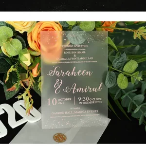 Luxury frosted pink acrylic wedding invitation HPI310 featuring elegant high-definition UV-printed modern text alongside a translucent transparent sleeve envelope
