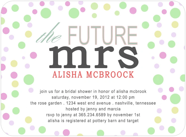 Elegant horizontal flat bridal shower invitation HPB128 showcasing a stylish The Future Mrs title layout alongside custom event blocks
