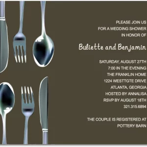 Stylish landscape flat bridal shower invitation HPB152 showcasing a minimal tableware graphic beside custom personalized text panels