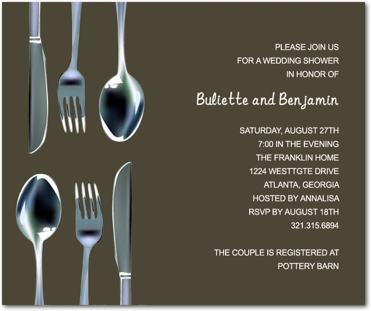 Stylish landscape flat bridal shower invitation HPB152 showcasing a minimal tableware graphic beside custom personalized text panels