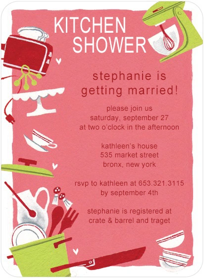 Kitchen bridal shower invitation featuring illustrated cooking utensils, mixer, pots, and kitchenware on a red background, playful and modern design perfect for a cooking or housewarming themed bridal celebration