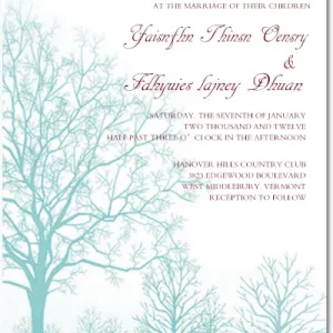 Minimalist wedding invitation featuring soft blue winter trees on a white background with elegant script typography, perfect for a woodland or winter wedding theme