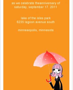 Modern bridal shower invitation featuring a stylish girl illustration holding an umbrella on a bold orange background, minimalist typography, and playful design for a contemporary bridal celebration