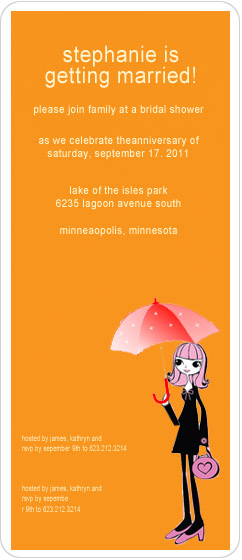 Modern bridal shower invitation featuring a stylish girl illustration holding an umbrella on a bold orange background, minimalist typography, and playful design for a contemporary bridal celebration