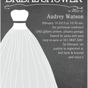 Elegant flat bridal shower invitation HPB120 displaying a dramatic black couture fashion silhouette alongside custom white script typography