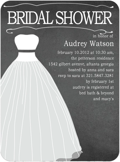 Elegant flat bridal shower invitation HPB120 displaying a dramatic black couture fashion silhouette alongside custom white script typography