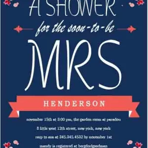 Modern flat portrait bridal shower invitation HPB131 displaying a stylish Soon To Be Mrs typographic layout alongside custom event details