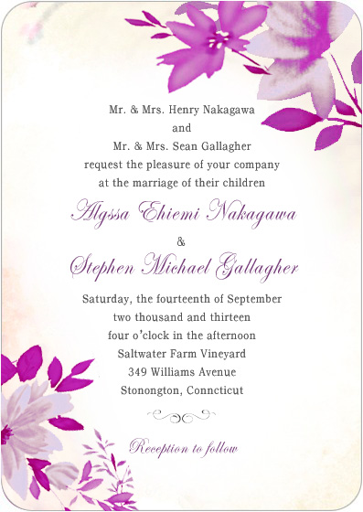 Watercolor wedding invitation with purple and magenta floral design, featuring elegant script lettering for the couple's names and event details for a vineyard wedding reception.
