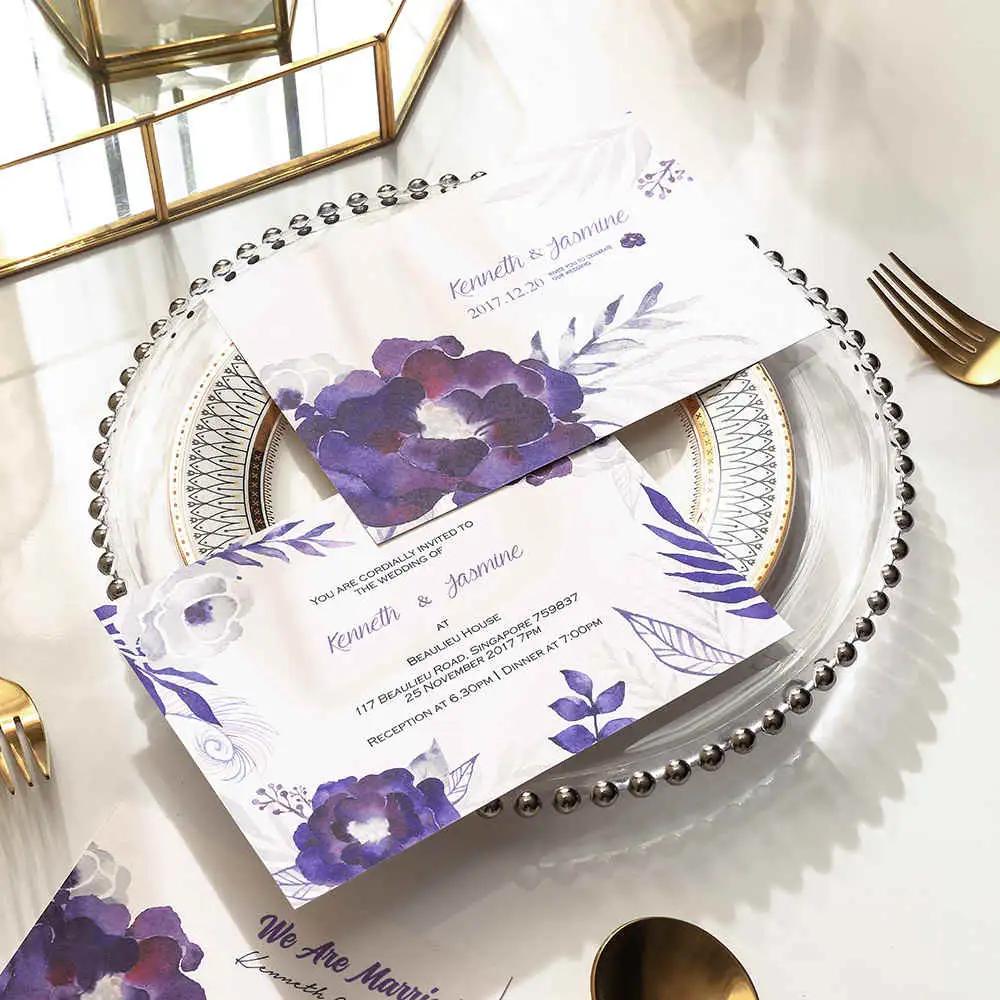 Purple Ink Painting Floral Pocket Wedding Invitations | HPI294 - Image 3