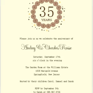 Image ALT Text 35th anniversary invitation card with beige background and floral circle design