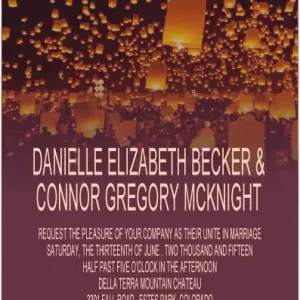 Romantic lantern wedding invitation with glowing floating lights in a night sky and elegant typography