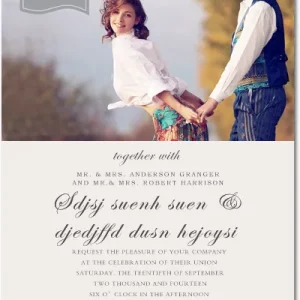 Photo wedding invitation featuring a romantic couple holding hands with a soft neutral layout and elegant script typography, ideal for personalized wedding invites