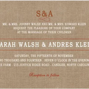 Rustic burlap wedding invitation with farmhouse typography and country style design
