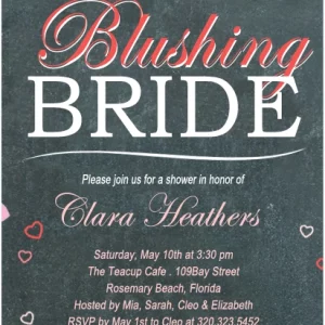 Charming flat bridal shower invitation HPB121 featuring a rustic chalkboard background divided into elegant red, white, and pink text sections