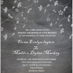 Rustic chalkboard wedding invitation with white floral vine illustrations and elegant script typography, perfect for vintage or rustic wedding themes