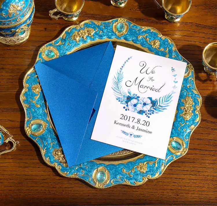 Sapphire Royal Blue Botanical Pocket Wedding Invitation Suite