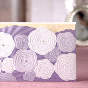 Shimmering purple pearl luster topper pocket wedding invitation folder HPI258 showcasing a custom inner script card next to matching envelope details